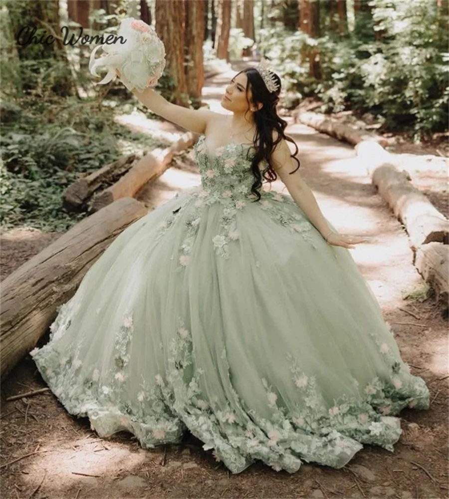 Sage verde floral quinceanera vestidos lindo inchado vestidos de xv vestido 15 anos photoshoot vestido de festa de aniversário personalizado