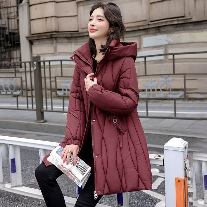 Women Hooded Mid Length Quilted Coat Winter Thick Slim Warm Cotton Puffer Jacket