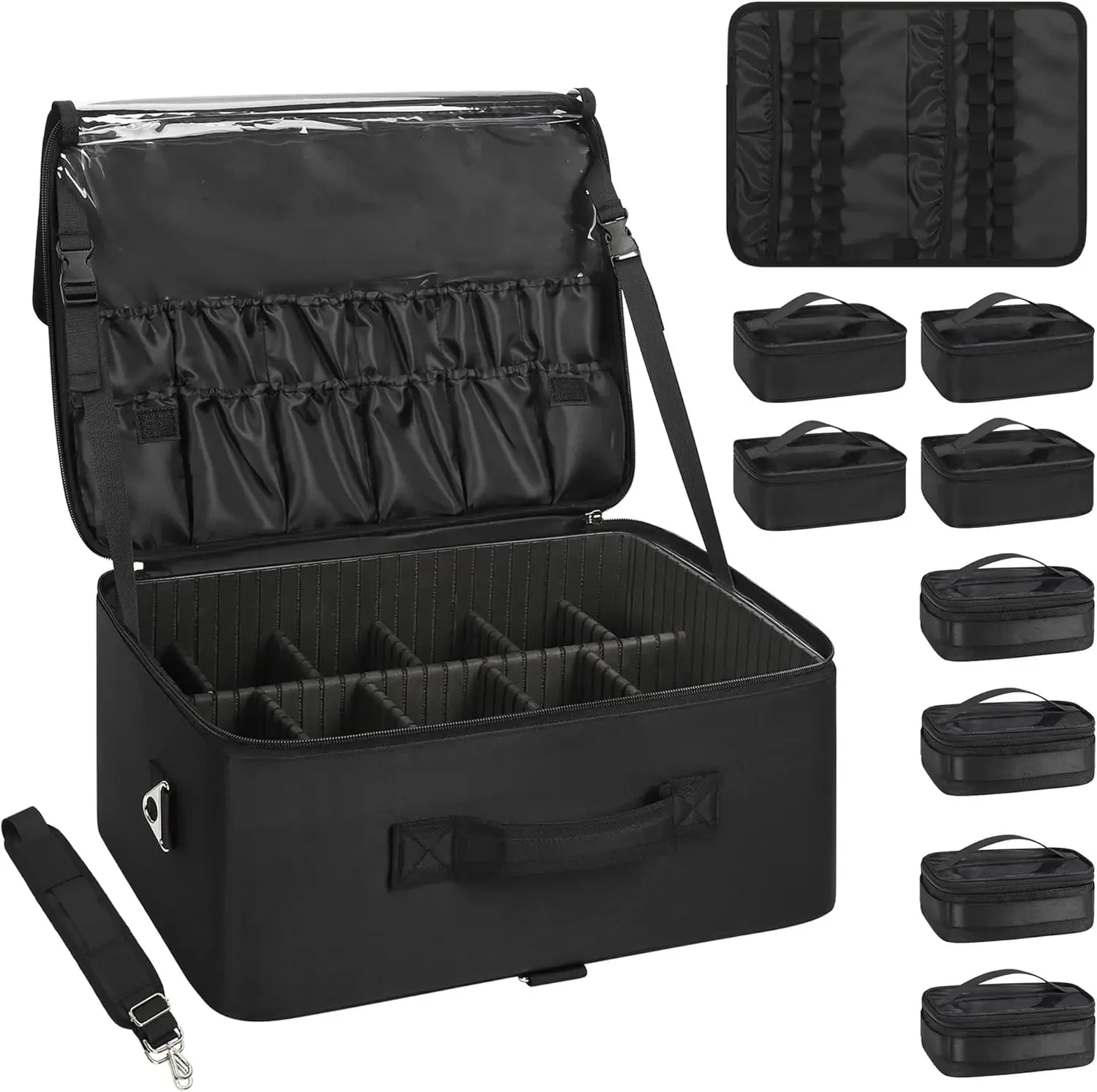 

Extra Large Makeup Case Professional Cosmetic Storage Organizer Box Brush Holder with 8 Clear Set Bags & Lipstick Plate