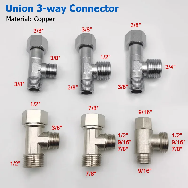 

3/8" 1/2" 3/4" 9/16" 7/8" Uinon 3-Way Copper Connector Male/Female Thread Tee Type Brass Reducing Adapter Union Coupler Fittings