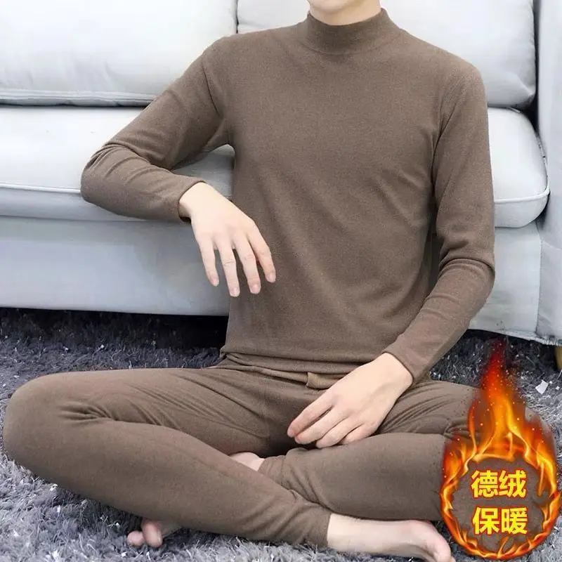 (top+pants) Men\'s Casual Autumn Winter ONeck Elastic Waist Thermal Underwear Set Warm Fleece Slim Pants Heat Clothes for Men