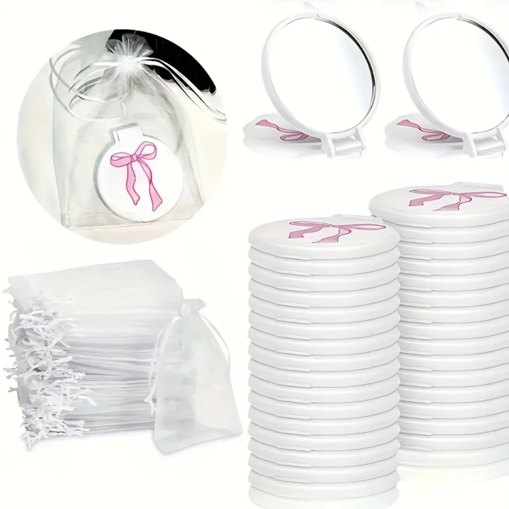 Juego de 36 Espejos Compactos Plegables con Lazo Rosa, con Bolsitas y Tarjetas, para Mujeres, Recuerdos de Fiesta de Bodas