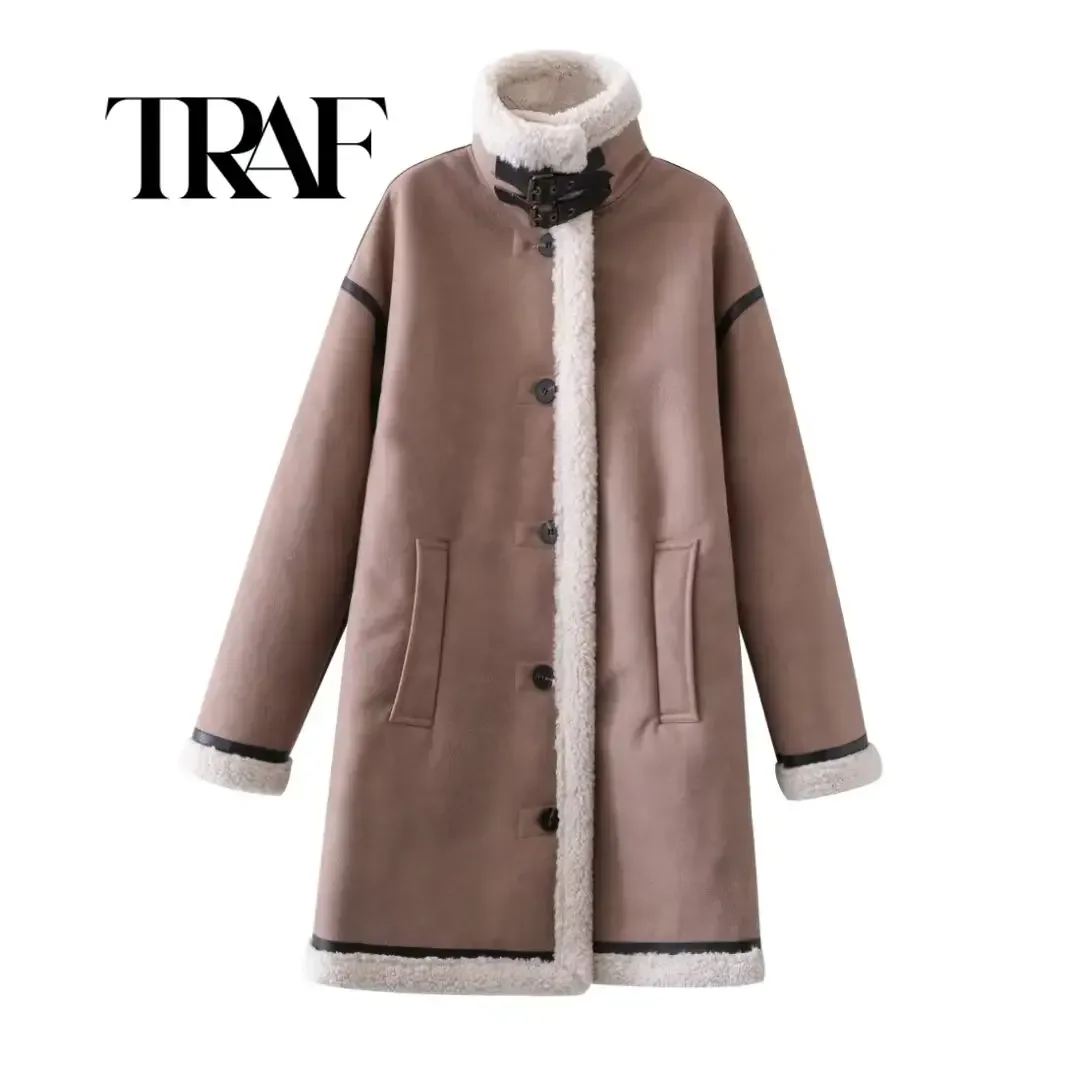 TRAF Women Faux Leather Coat Winter Fashion Ladies Casual Single-breasted Long Sleeves Coat For Women's Outwears