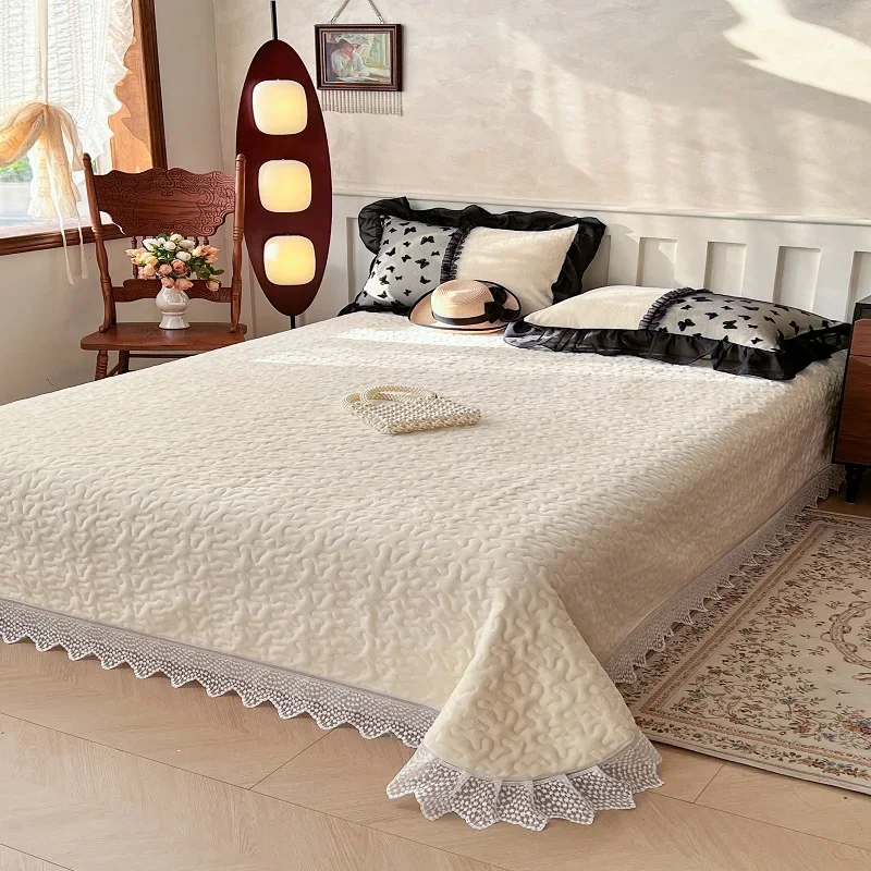 Solid color thickened milk fleece butterfly lace bed cover lace padded bed cover three-piece coral fleece
