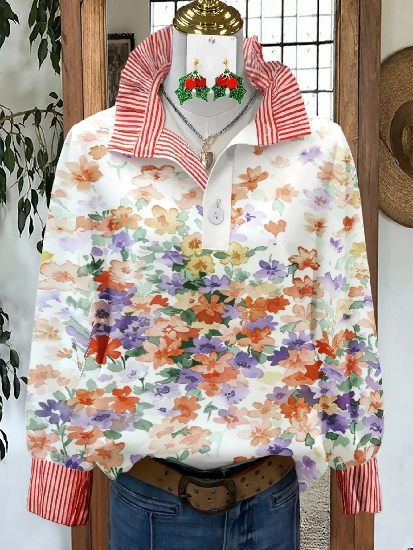 

Women's Spring and Autumn Winter Collection Women's Stand up Collar Long Sleeve Shirt, creative printing