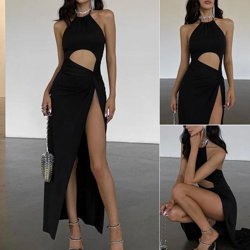 Vestido de fiesta largo sin mangas para mujer, vestido de Color liso con cuello Halter, Espalda descubierta, dobladillo dividido alto