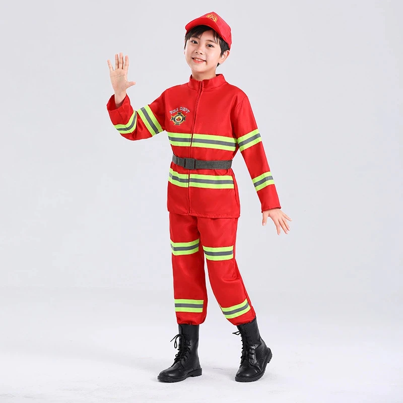QQA 2025 소년 소녀 카니발 파티 소방관 유니폼 소방관 코스프레 의상 소방관 직업 체험복