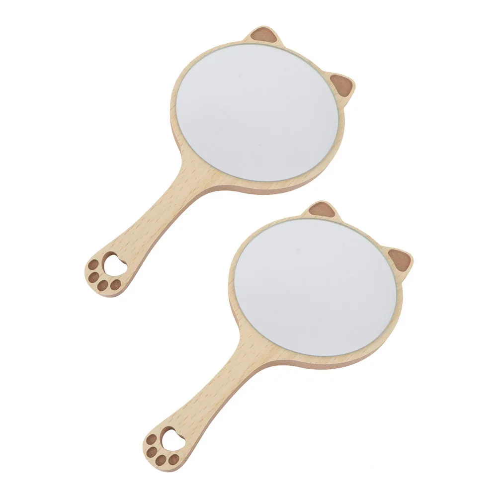 Espejos de viaje de mano con diseño de orejas de gato, mango de madera, alta calidad, creativo, resistente al desgaste, duradero, 2 uds.