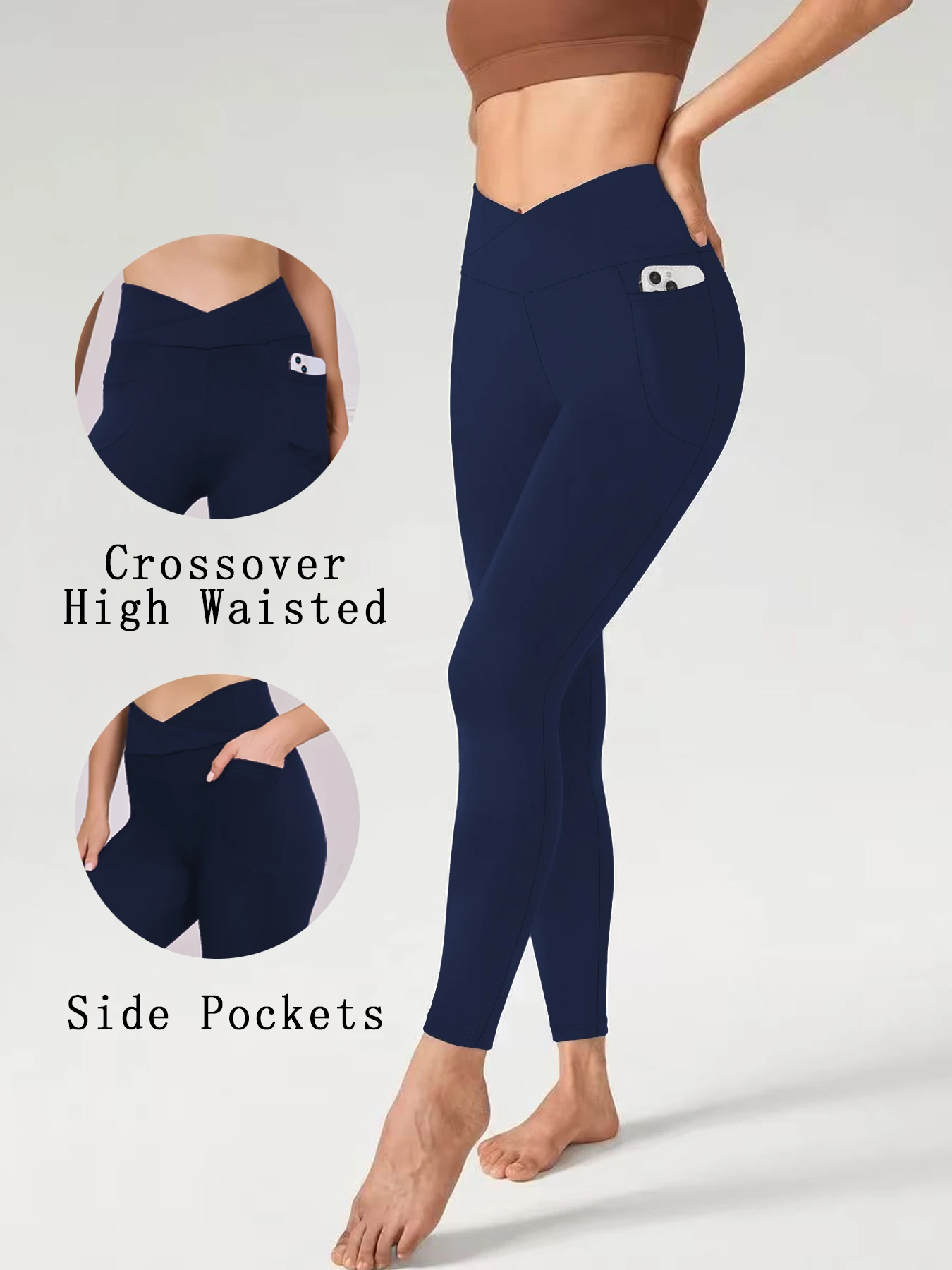 Women's Super Soft Crossover High Waisted Legging With Pockets Tummy Control No See Through Workout Yoga Running Leggings
