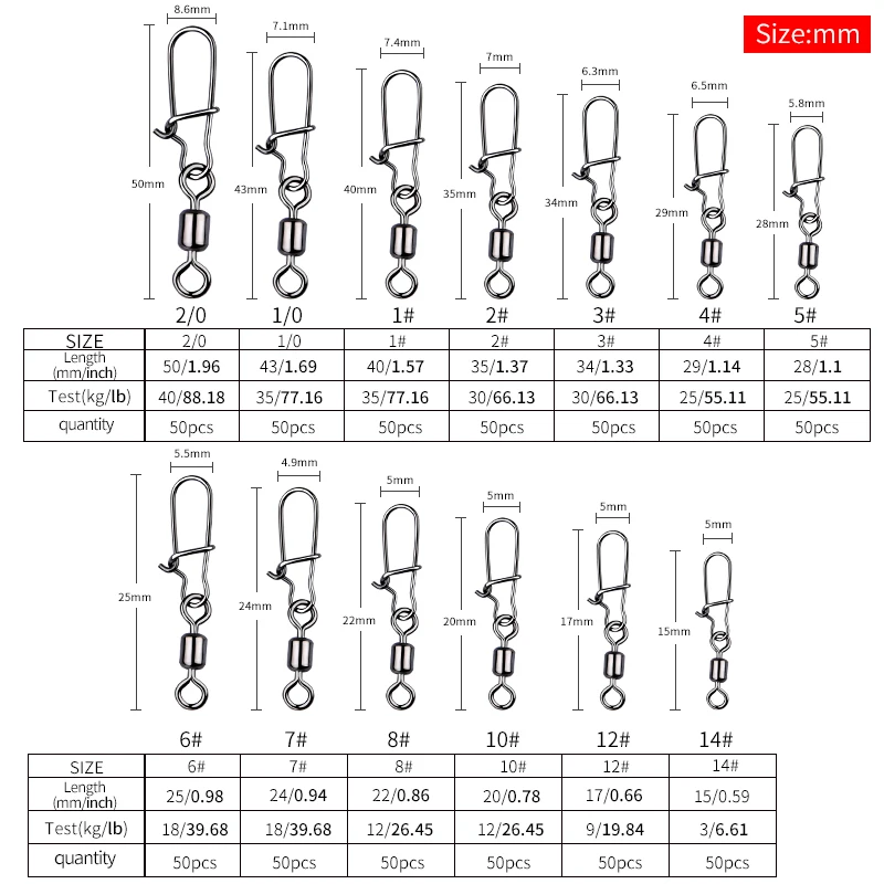 MEREDITH 50PCS Pike Fishing Accessories Connector Pin Bearing Rolling Swivel Stainless Steel Snap Fishhook Lure Swivels Tackle