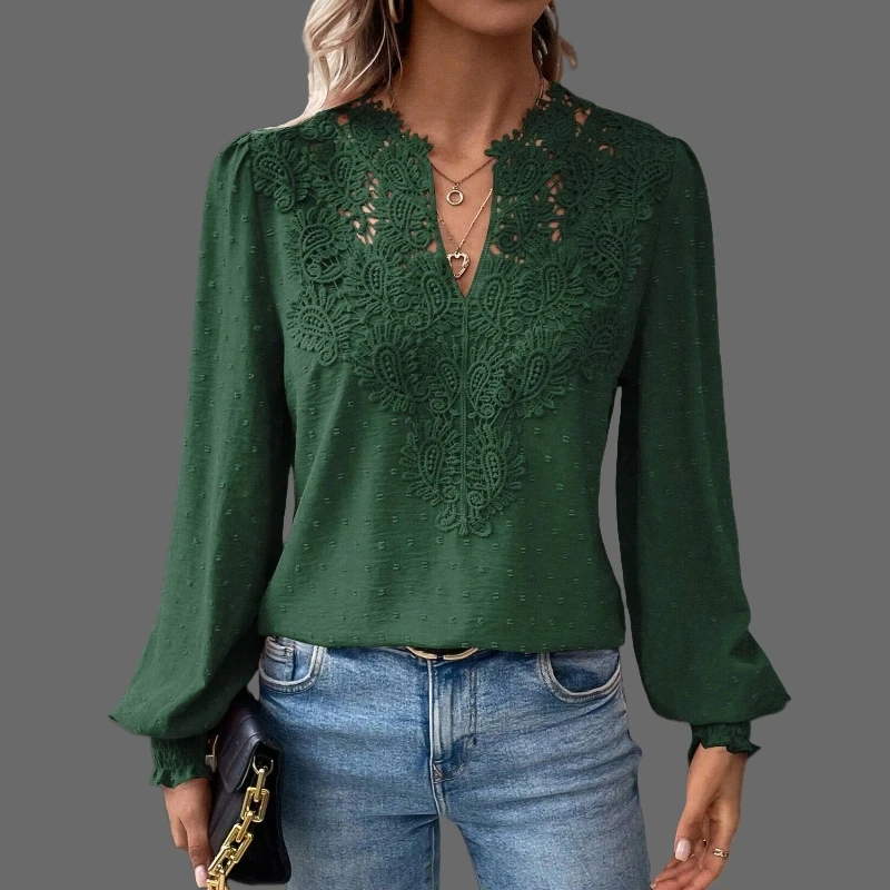 

Solid Color V-Neck Lace Top Womens Hollow Long Sleeve T-Shirt Lady Elegant Casual Office Autumn Spring Blouse Clothes