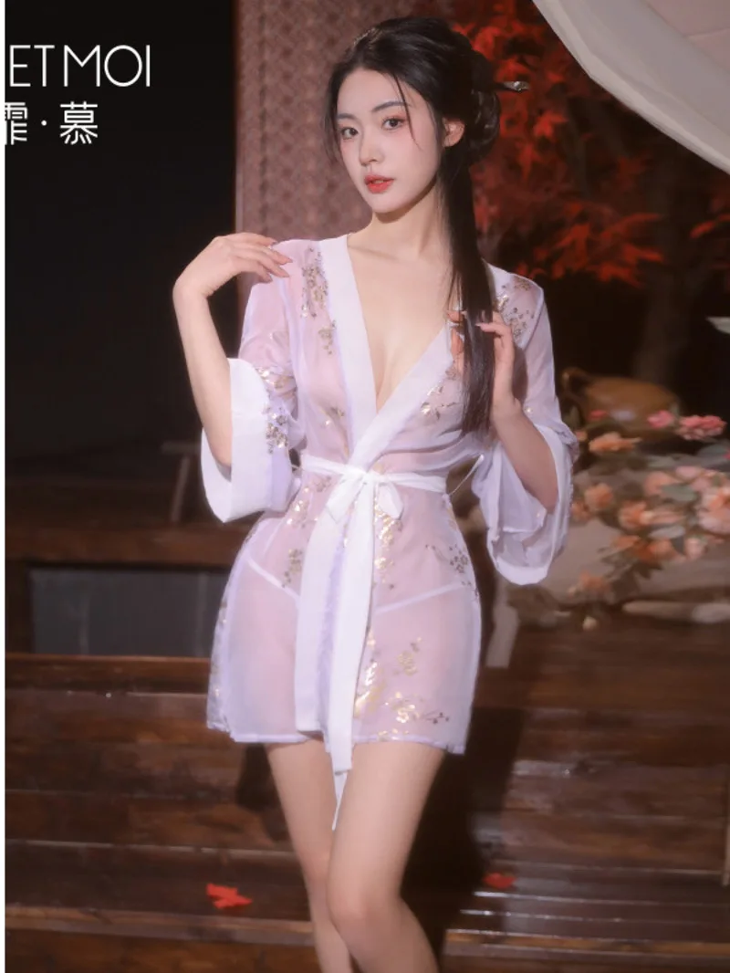 Hot Stamped Chiffon Sleeping Robe Underwear Sexy Open Front Ancient Style Sleeping Dress Long Sleeved Deep V-neck Purple Q8KE