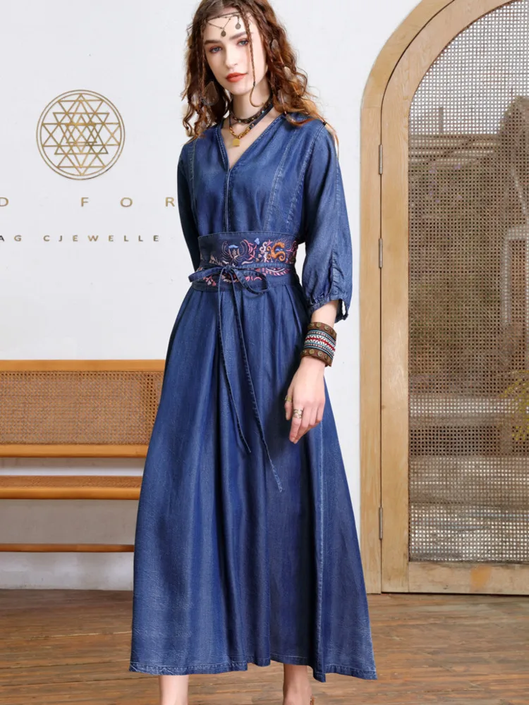 #2768 Vintage Blue A-line Denim Dress Women High Waisted Retro Ladies Dresses Three Quarter Sleeve Belt Embroidery Spring Autumn