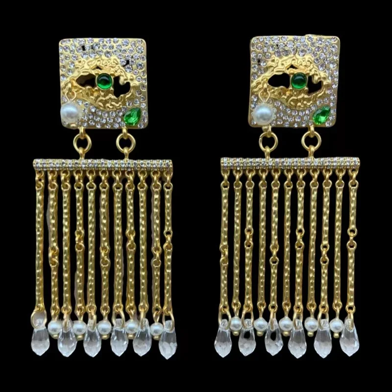 

New European and American retro style exaggerated fringe long pearl eye earrings