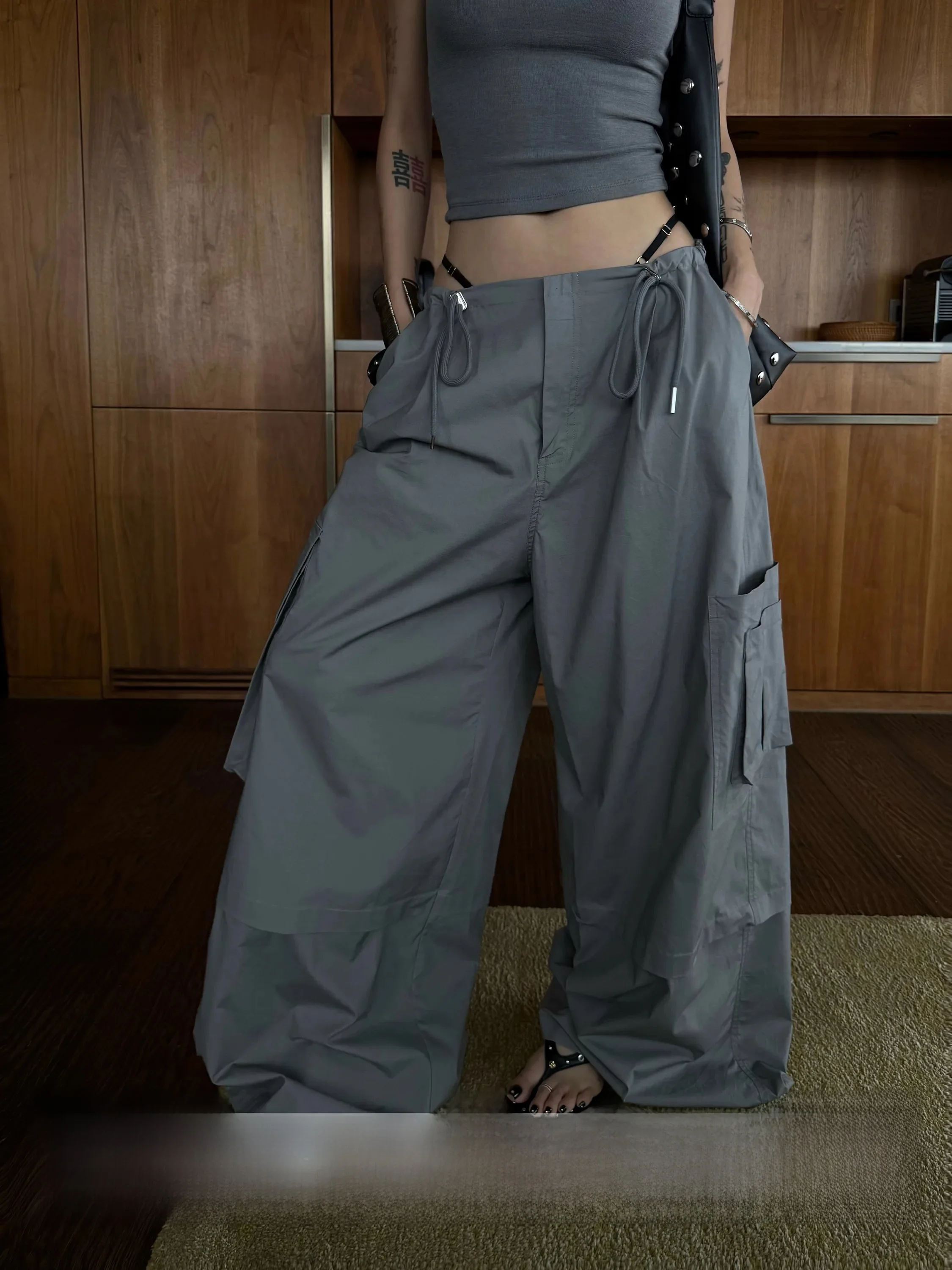 Gray Street Style Workwear Pants Women's Loose Casual Trousers Commute Versatile Wide Leg Comfortable Cotton Cargo Pants