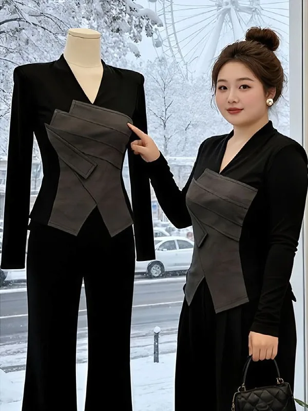 

Женский топ больших размеров с V-образным вырезом, на подкладке, с длинными рукавами, новинка ранней весны, повседневный, с завышенной талией, модный