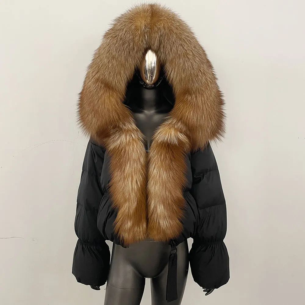 الشتاء الفراء الحقيقي سترة منفوخة الطبيعية سميكة الدافئة فضفاضة الأبيض بطة أسفل معطف المرأة ريال كبير الثعلب الفراء طوق حزام سترة أسفل سترة