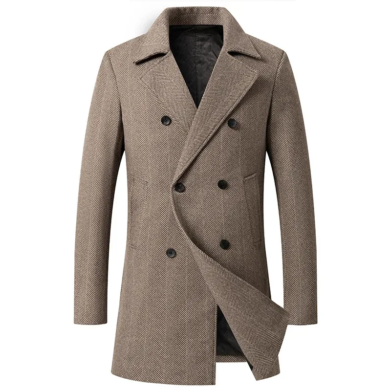 

Mens Classic Notched Collar Wool Trench Coat Stylish Men Woolen Blend Top Pea Coat Winter Long Double Breasted Business Overcoat