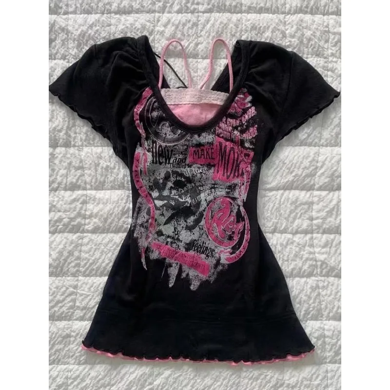 

American Gothic Printed Short Sleeved T-shirts Women Vintage Slim Fit Fake Two-piece Y2k Crop Top Grunge Streetwear Hottie Tees