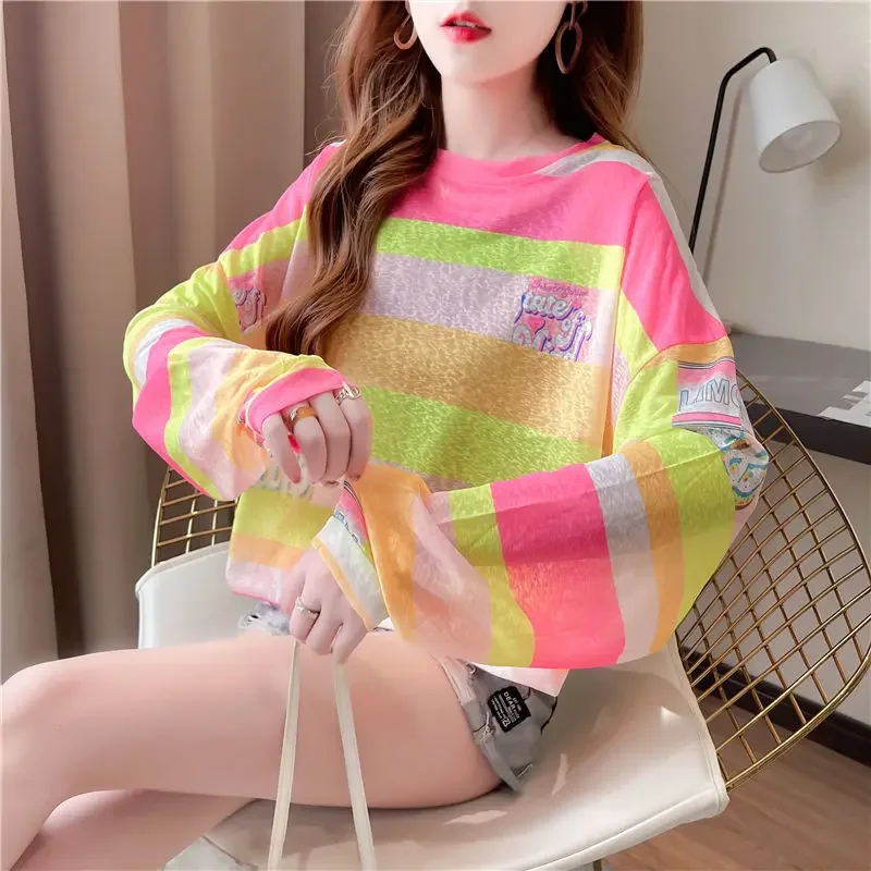 DAYIFUN-Women's Striped Aesthetic Chic Tops Thin Long-Sleeve T-shirts Loose Blouses Summer Sunscreen Clothing Oversized Tees