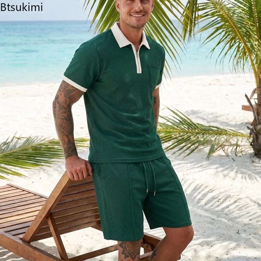 Mens Waffle Collar Polo Short Sleeved Shorts Set Beach Vacation Casual Set Summer Streetwear Daily Wear Set Fashion Men Clothing view 5