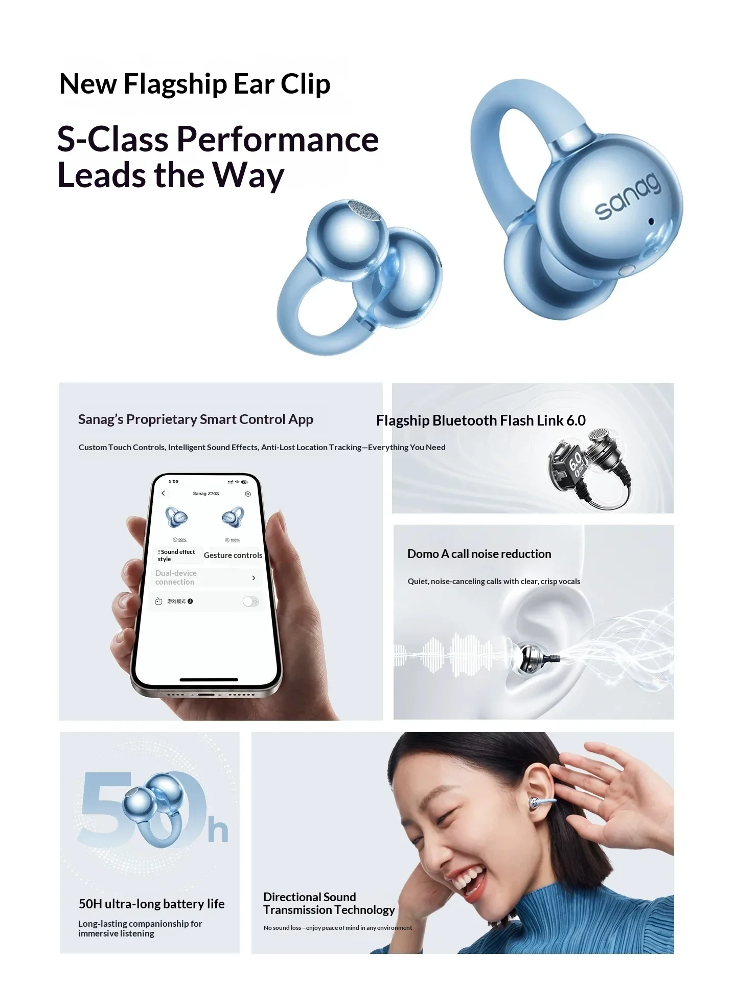 Sanag Z70S Open Ear Clip Bluetooth Earphones Air Conduction Wireless Sports Headset Comfortable Fit Long Battery Life