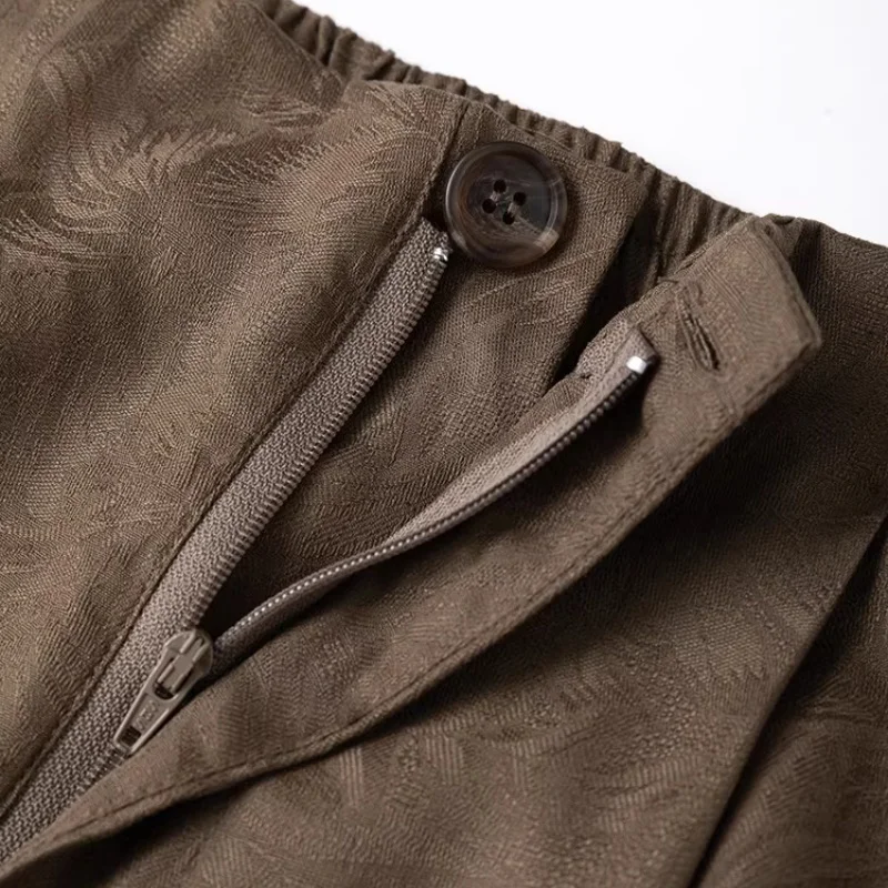 Birdtree 28M 100% Real Spun Silk Solid Pants,Women Jacquard Elastic Waist Autumn French Style Wide Leg Pant With Pocket P58002JF