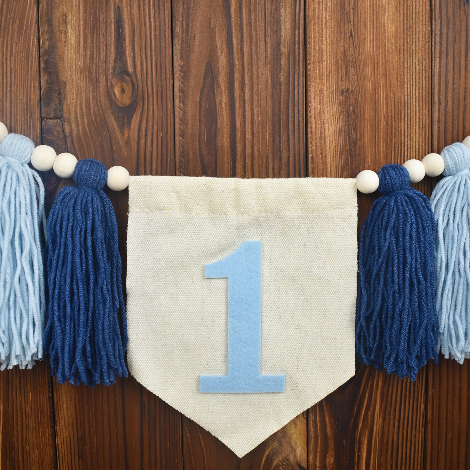 1st Birthday High Chair Banner Blue Birthday Party Decorations For Children Handmade Wooden Bead Tassel Garland Photography Prop