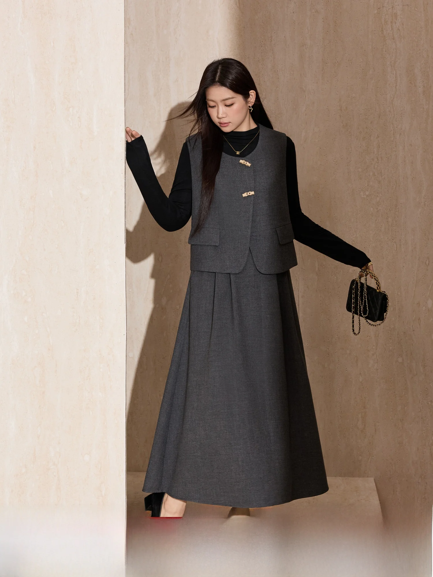 

ay Fce Жилет Юбка Комплект большого размера Женская мода Осень Новое поступление Юбка трапециевидной формы с высокой талией круглый Ne Одинарная пуговица Clo...