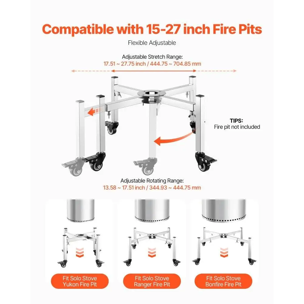 Adjustable Fire Pit Stand with 4 Casters for Outdoor Use 15 to 27 Inch Compatible with Various Fire Pits
