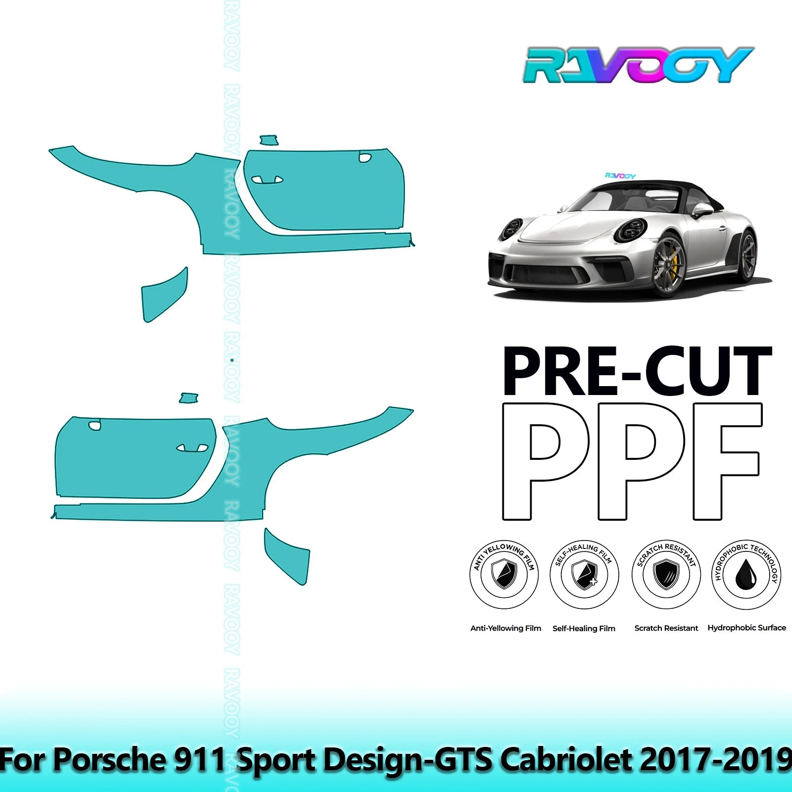 

For Porsche 911 Sport Design-GTS Cabriolet 2017-2019 8.5mil Pre-Cut PPF Door & A/B Pillar Kit TPU Paint Protection Film Set