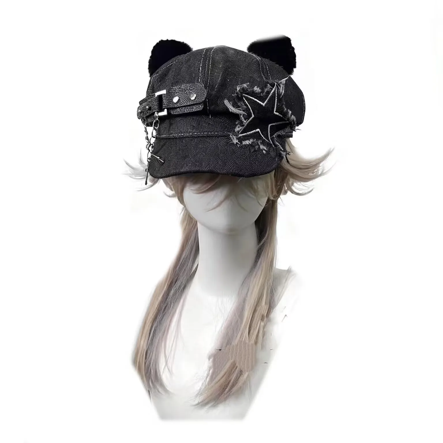 Women's Y2K Punk Streetwear Cat Ear Rivet Leather Beret Handmade Cap Gothic Lolita Harajuku Style Cowboy Hat for Girls