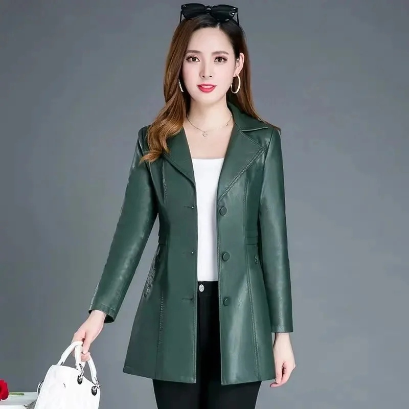 Women Leather Jacket 2023 Spring Autumn Mid-Long Slim Leather Coat Female Single-breasted Solid Color Windbreaker Outerwear 6XL