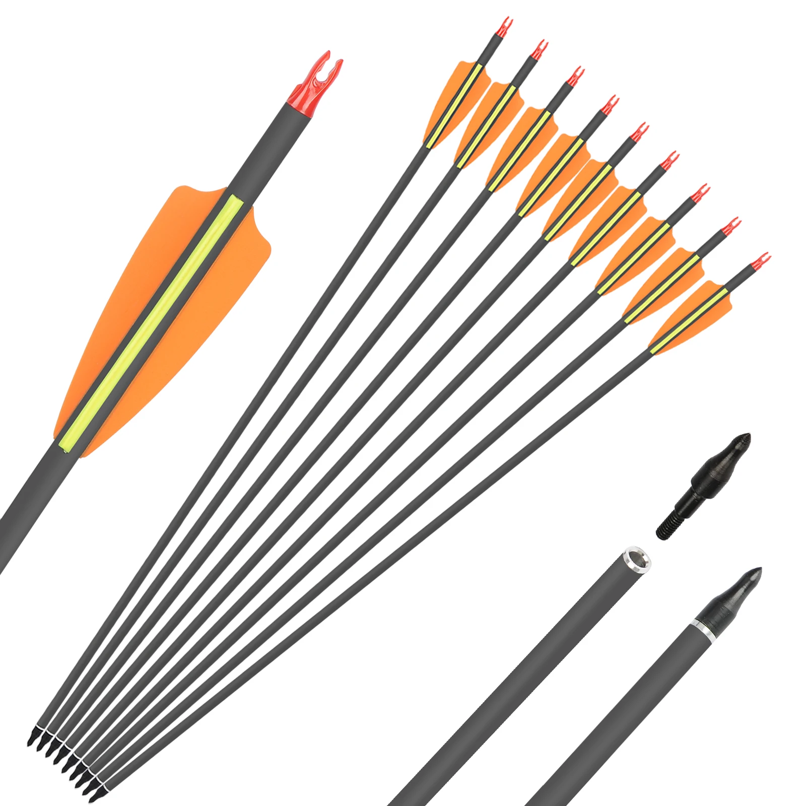 30 Inches Pure Carbon Arrow Spine 400 Diameter 7mm Replaceable Tips for Compound Recurve Bow Archery Hunting