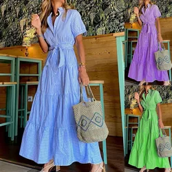 Women Blue Maxi Dress Lace Up Ruffles Hem Streetwear Boho Vacation Office Lady Dresses Summer Robes Vestido Jurk Overhemden