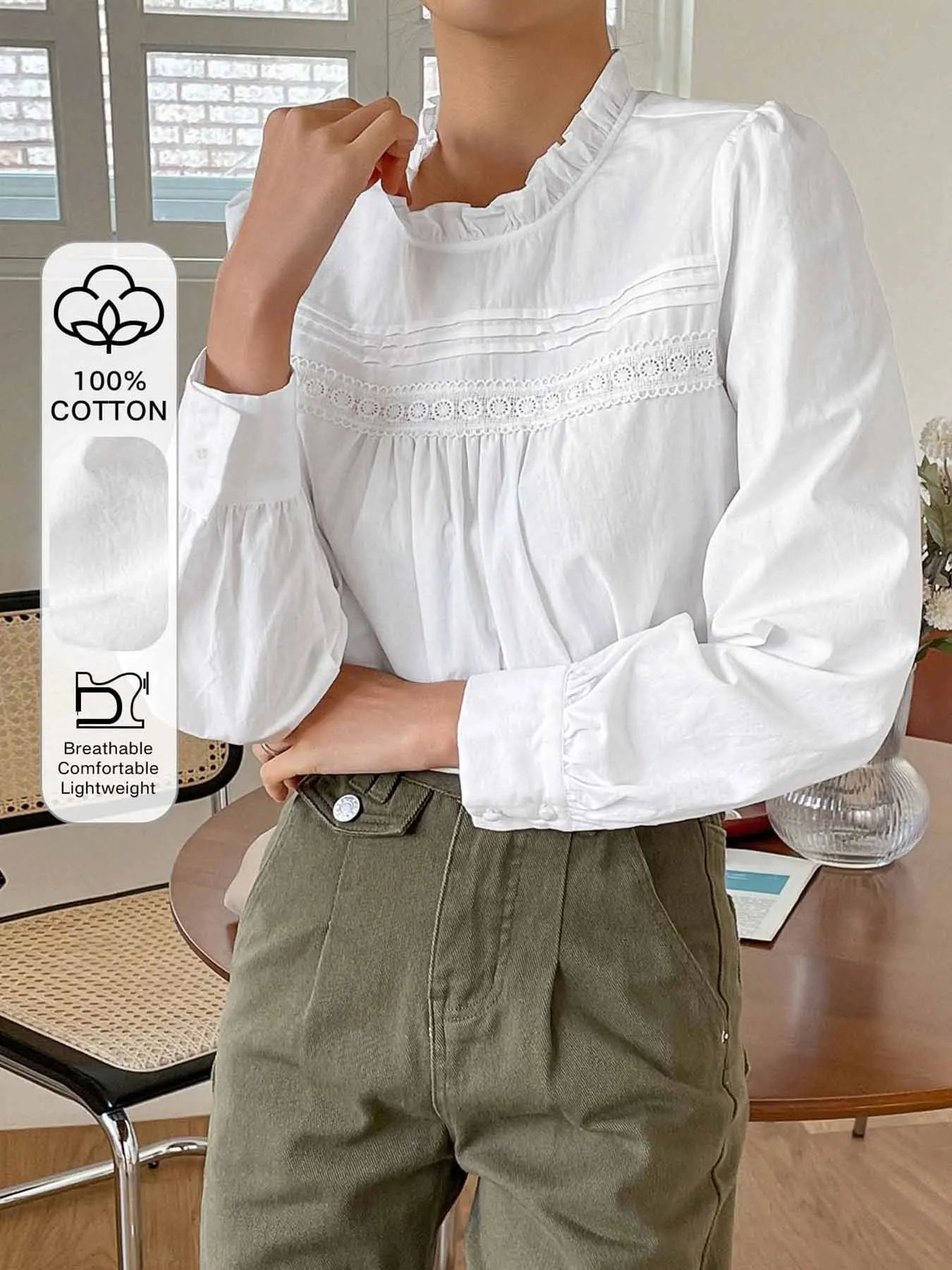 Women's Classic & Stylish 100% Cotton Casual Long-Sleeve Shirt with Lettuce-Edge Round Neck and Lantern Sleeves