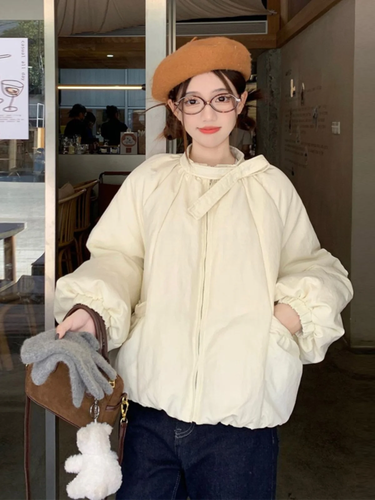 

Куртка женская зимняя в корейском стиле с воротником-стойкой и длинными рукавами, модная, с милым дизайном, утепленная, из хлопка