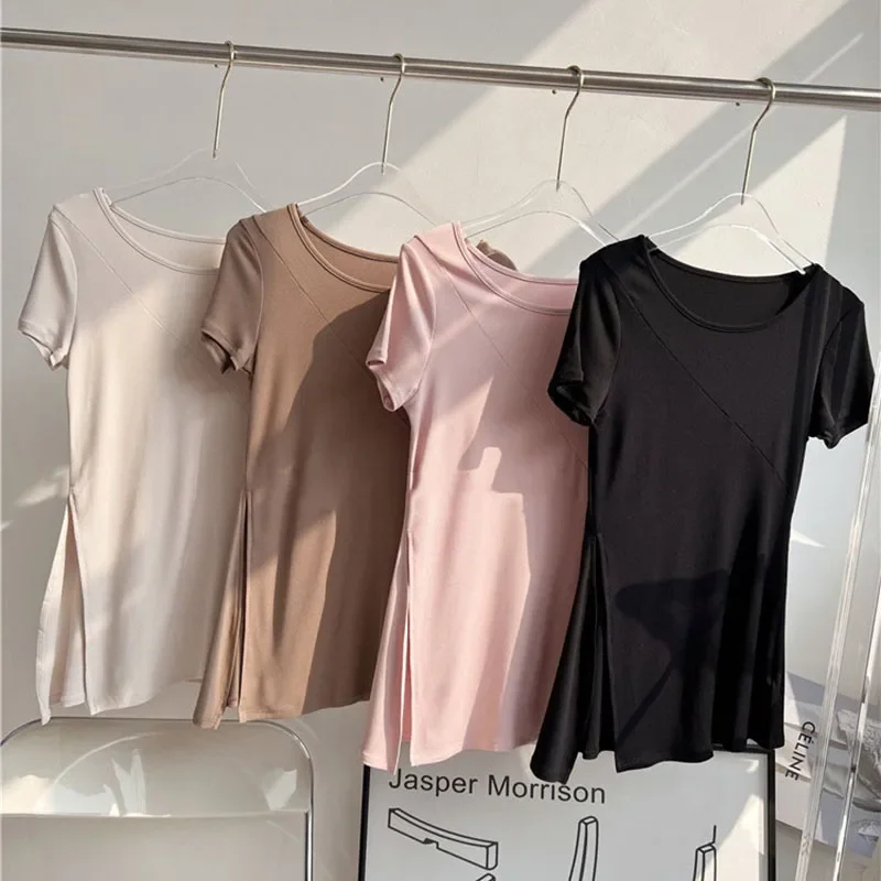 

Sport Long Sleeve Shirts Slit Hem Full Length Yoga Clothing Soft Elastic Fitness Wear Women Loose Over Size