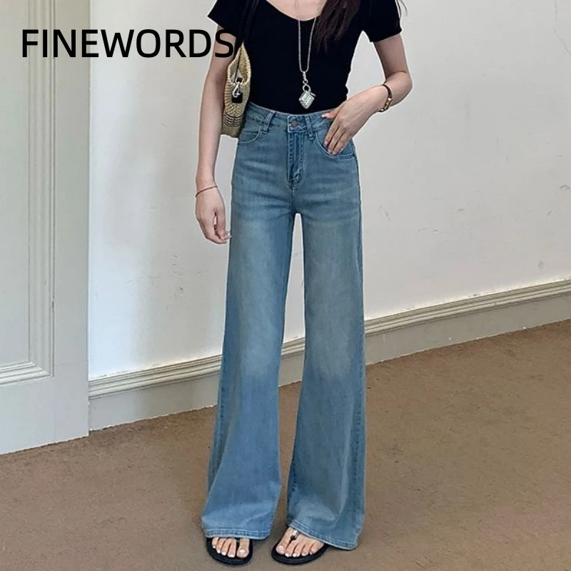 

FINEWORDS2026 Summer Women's Light Blue High Waist Flare Jeans Loose Fit Casual Bell Bottom Denim Pants Full Length Trousers