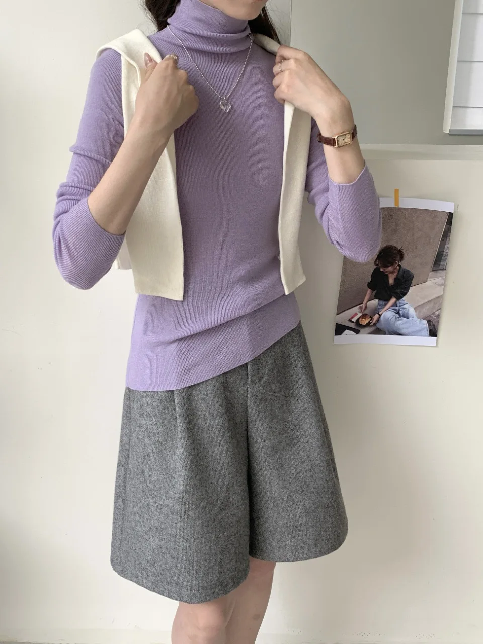 Birdtree 100% Sheep Wool Elegant Thin Style Base Sweater, Woman Autumn High Collar Full Sleeve Solid Color Knit Tops T58122JF