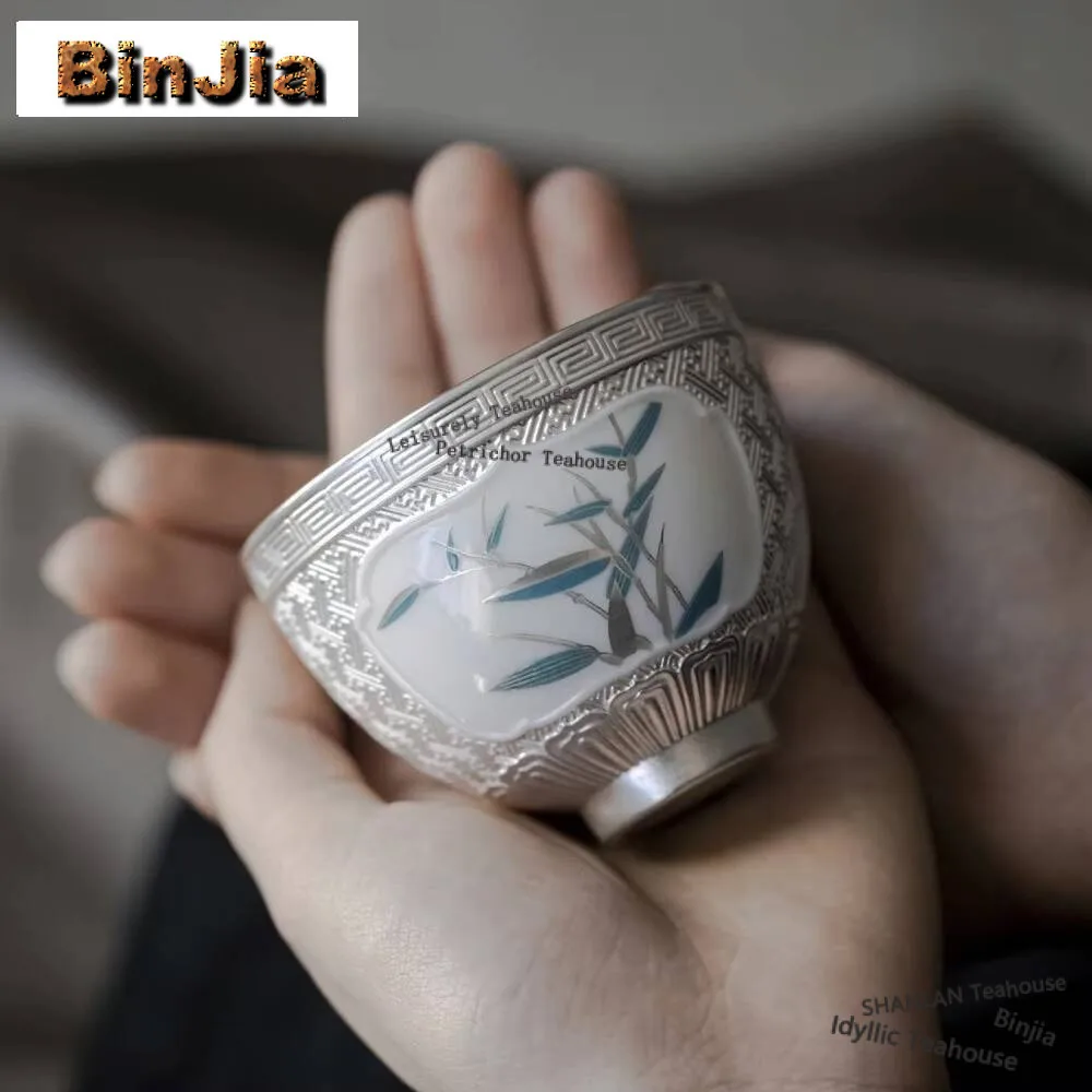 

Роскошная позолоченная чашка из серебра 100 пробы, 999 мл, Бамбуковая чашка Handamde для чая, медитации, китайский чайный набор, украшения, подарочная коробка