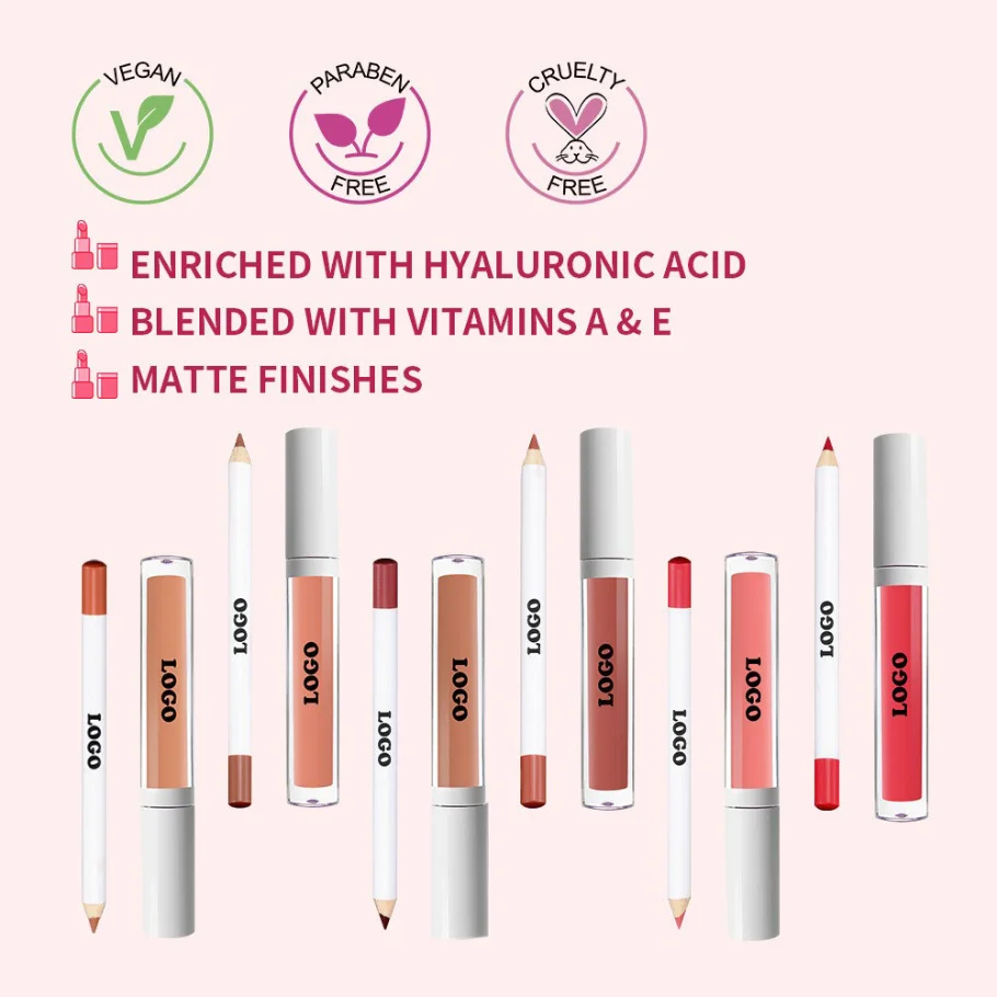 Custom Logo Vegan Wholesale Waterproof Lip Liner Set With Matte Lip Gloss Private Label Long Lasting No Smudge Plumping