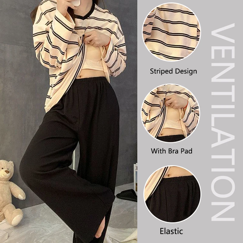 2PCS/Set Fashion Soft O-Neck Striped Women Pajamas Autumn Winter with Chest Pads Long-Sleeved School Sleepwear Easy to Clean