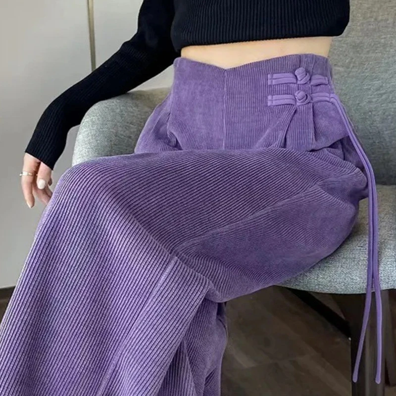 

Women Thicken Chenille Fabric Straight Leg Pants Chinese Button Casual Wide-leg Trousers Autumn Winter With/without Velvet Pants