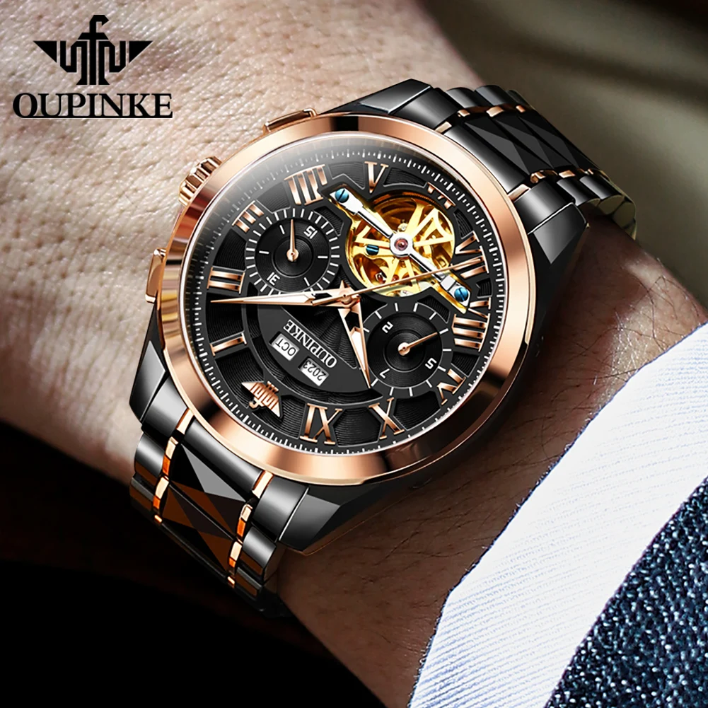 OUPINKE Men's Watches 3236 Top Brand Luxury Original Automatic Mechanical Watch for Man Tungsten Steel Sapphire Mirror Calendar