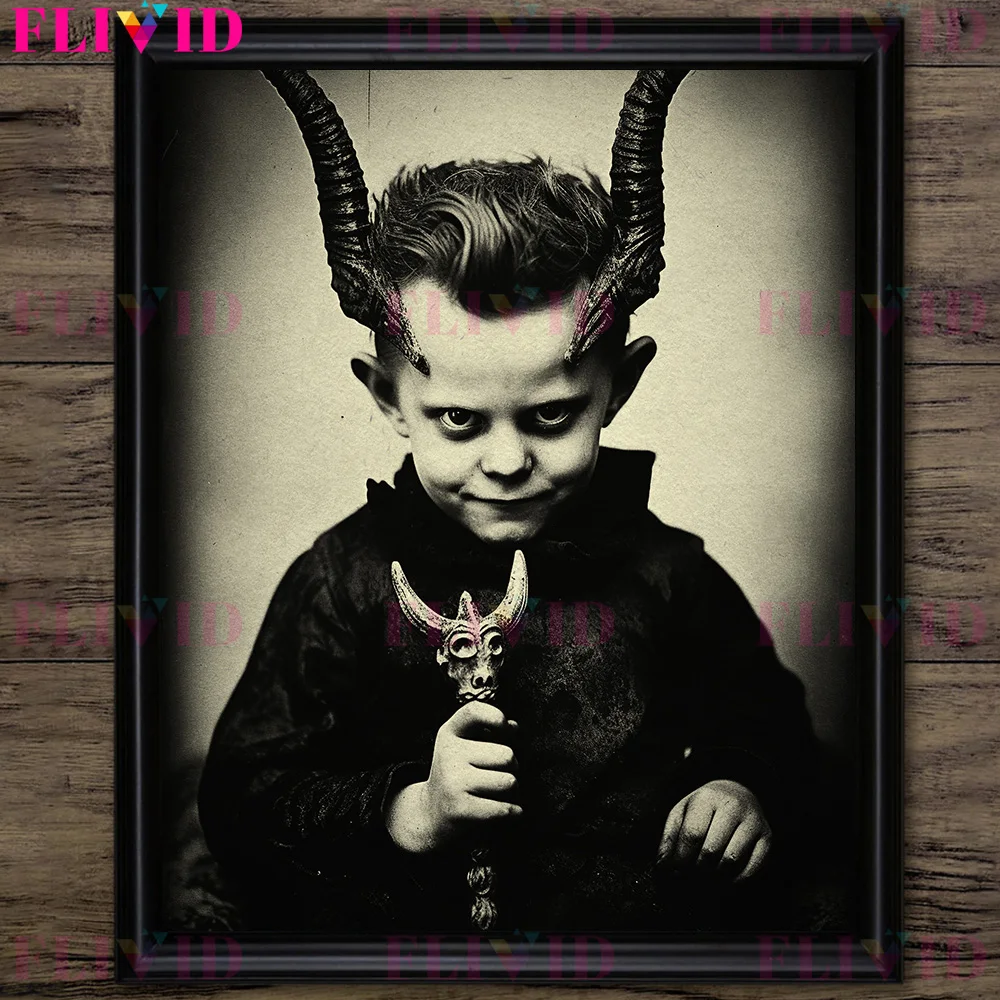 Creepy Demon Doll,Vintage Wall Art Canvas Painting,Horror Portrait Gothic Dark Aesthetics Art Poster Print Home Decor Unframed