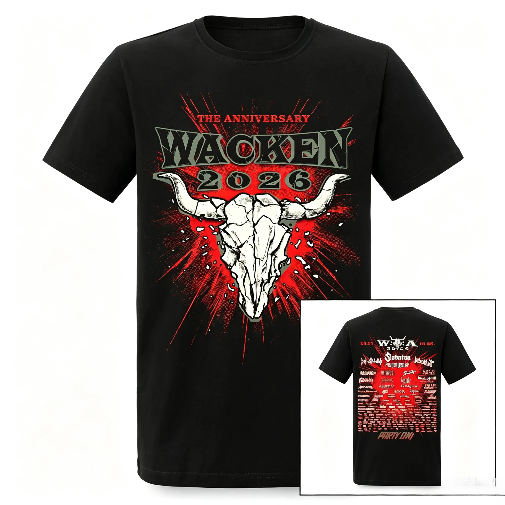 Wacken Open Air 2026 T-Shirt Double Sided Bull Skull Print Heavy Metal Festival Tee Unisex Casual Cotton Short Sleeve Top