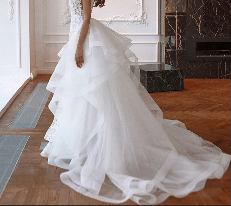 White Tiered Tulle Detachable Train Removable Skirt For   Wedding Dress Prom Party Formal Skirts Ruffles With Train