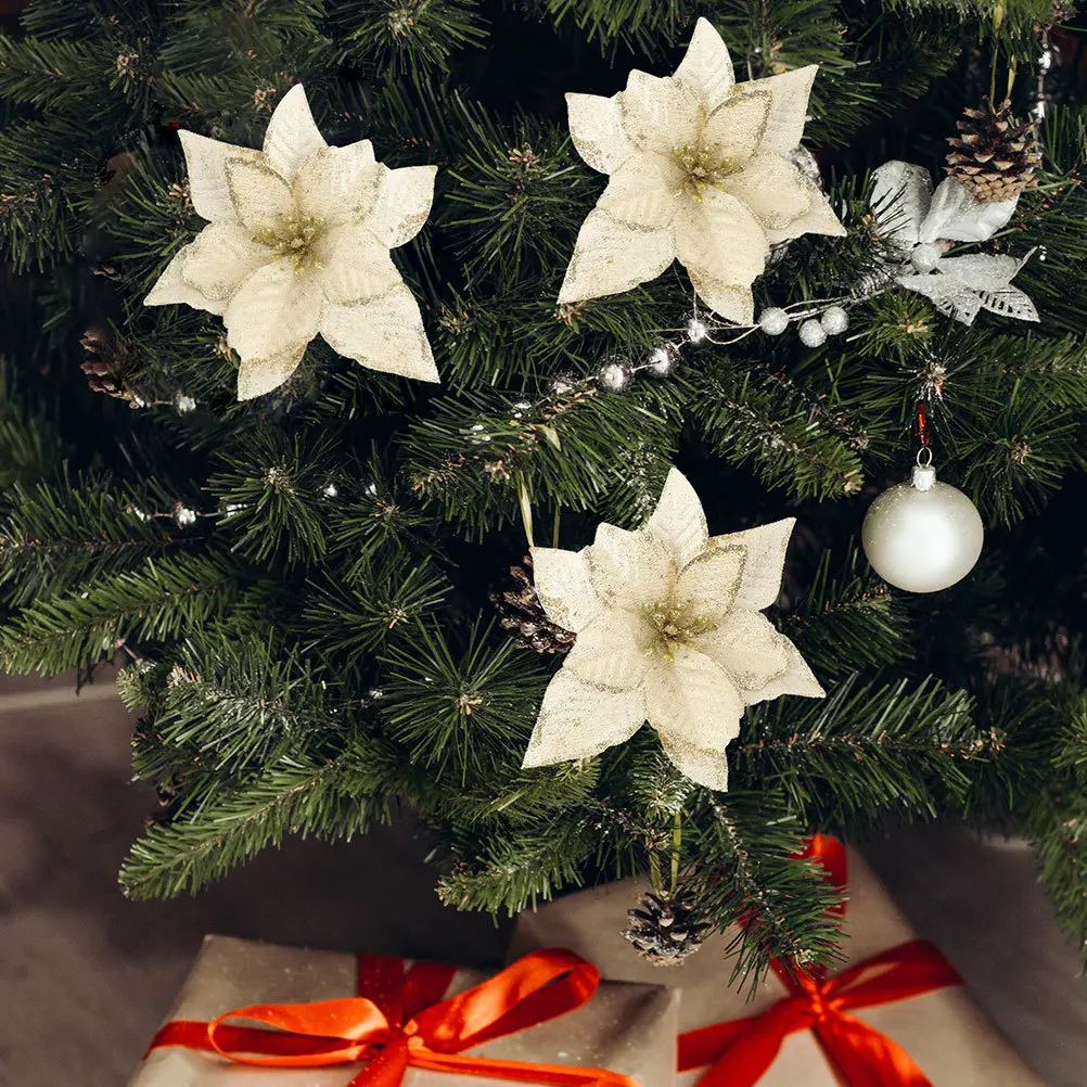 

6pcs Christmas Tree Ring Decor Delicate Simulation Flowers For Holiday Party Decoration Xmas Flower Ornament Glitter Artificial