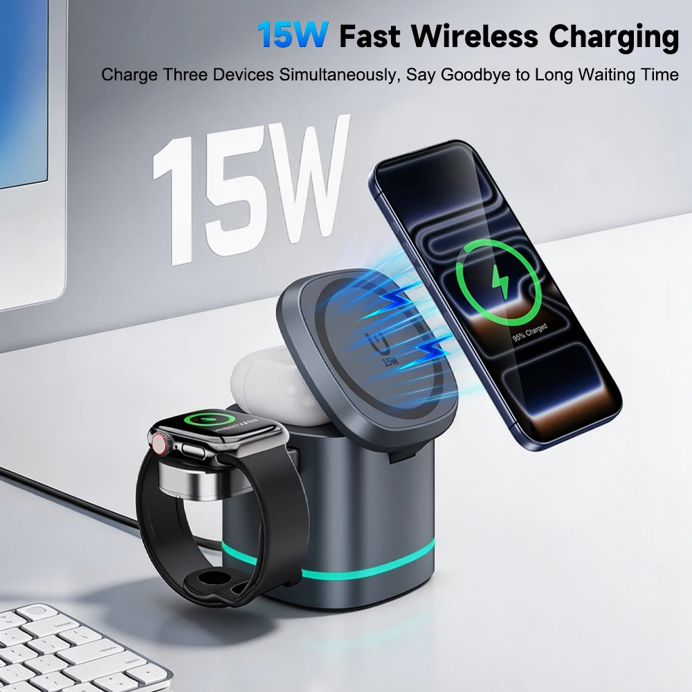 Travel 3-in-1 Magnetic Wireless Charger Dock for Magsafe iPhone 17~12 Pro Mx Apple Watch 11/10/9/8 Airpods Pro 3/2 Fast Charging